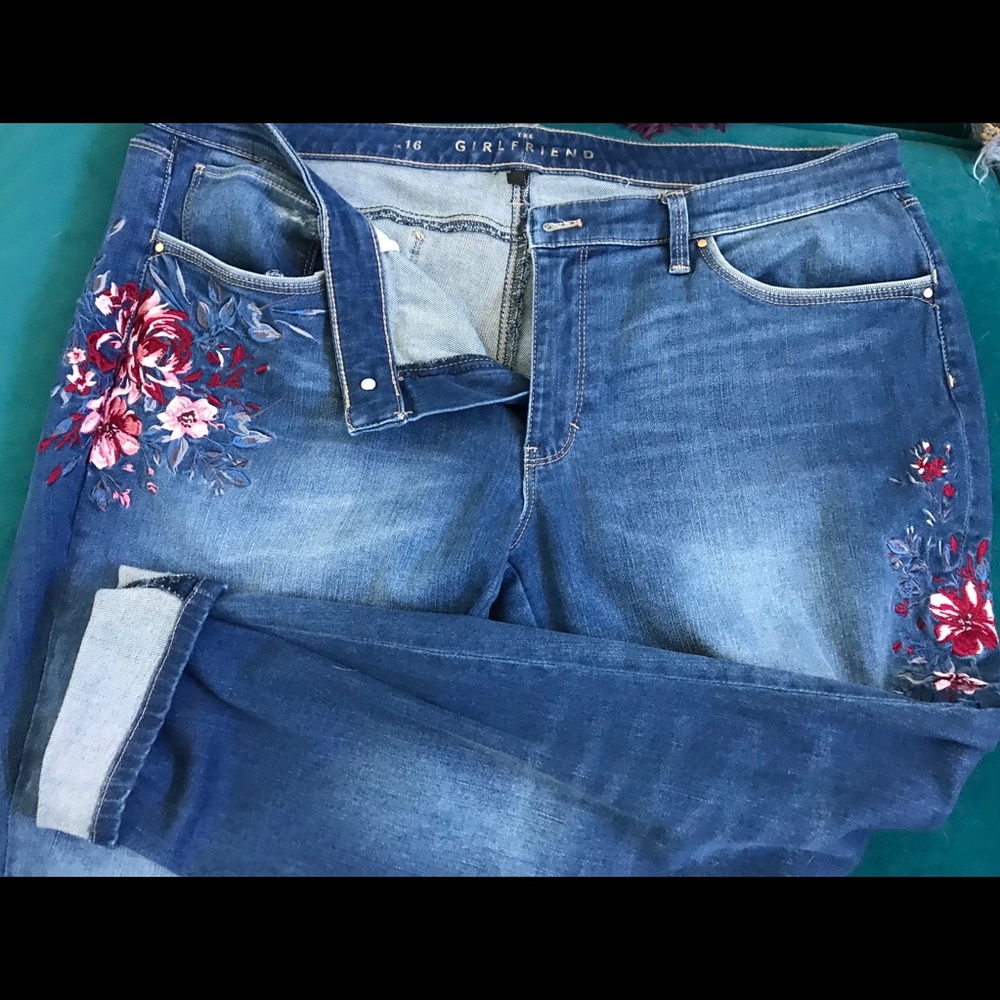 WHBM Rose Embroidered Girlfriend Jeans